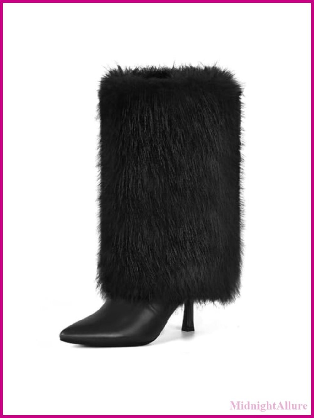 Faux Fur Pointed Toe Kitten Heel Mid Calf Boots Side Zip Winter